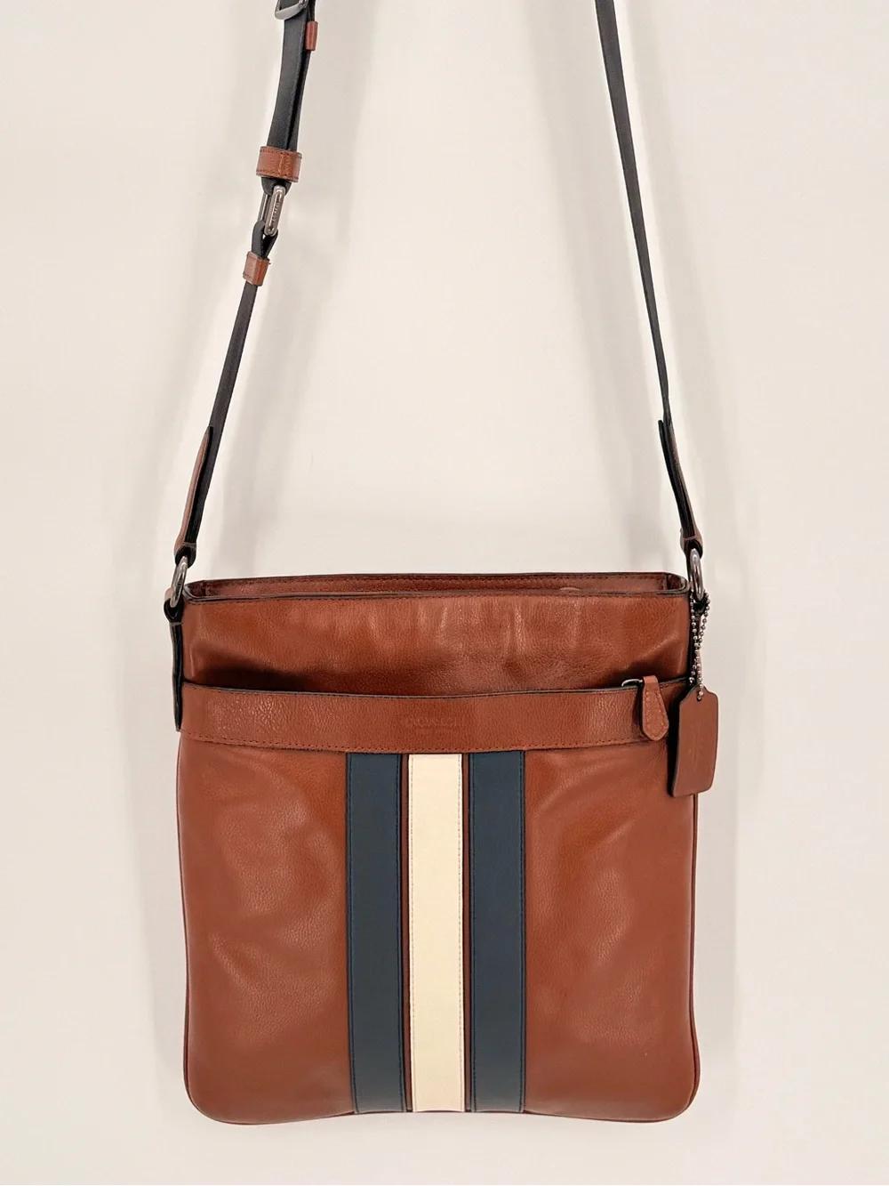 COACH F54193 Leather Messenger Crossbody Bag Varsity Stripe Brown Men’s